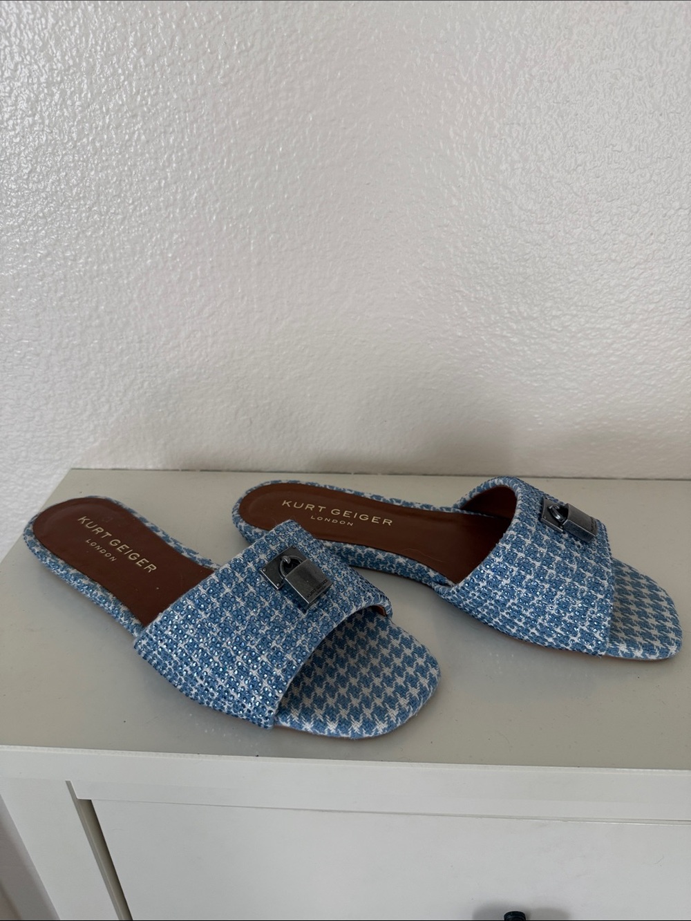 Kurt Geiger Light Blue Tweed Buckle Sandals